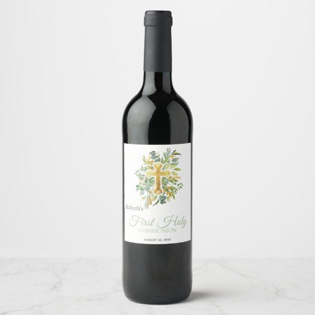Gold Cross Leaves First Holy Communion    Wine Label (Front)