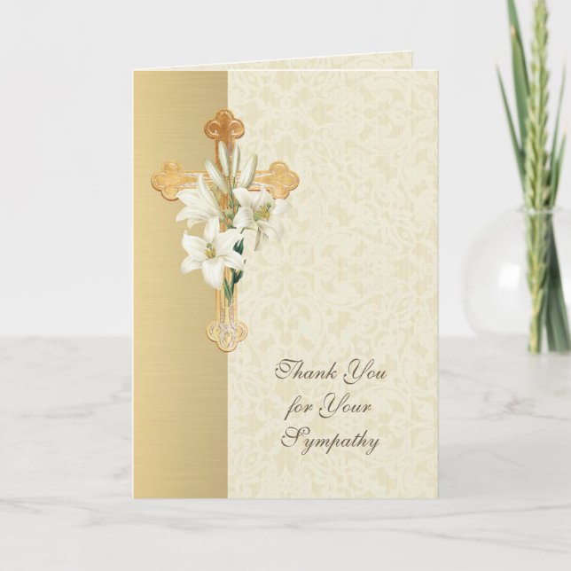 Gold Cross Lilies  Christian Condolence Thank You (Front)