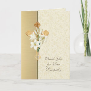 Gold Cross Lilies  Christian Condolence Thank You Card
