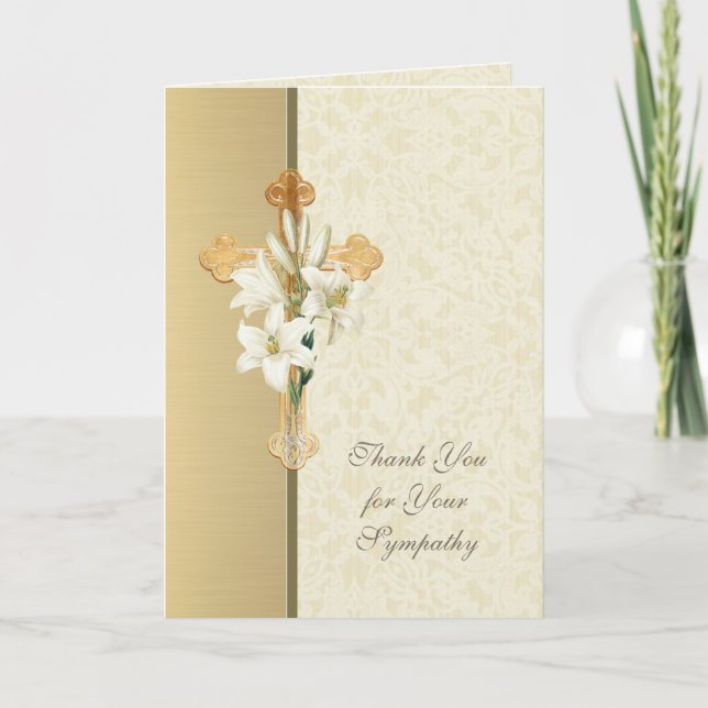 Gold Cross Lilies  Christian Condolence Thank You Card (Front)