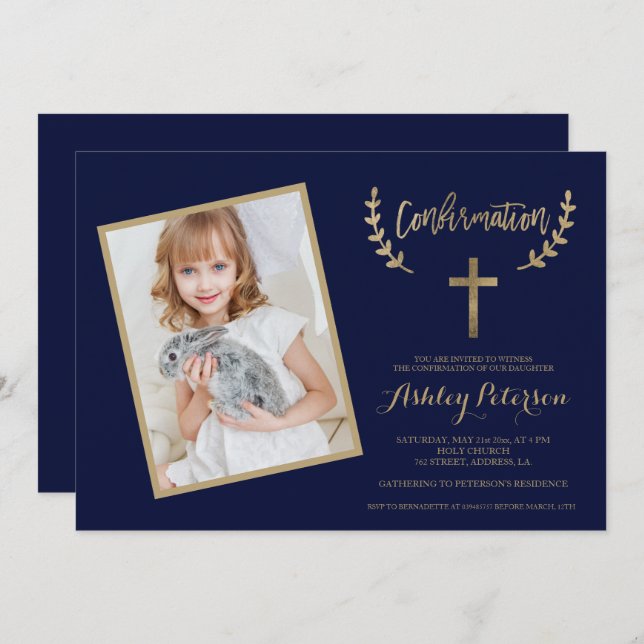 Gold cross navy blue photo confirmation invitation (Front/Back)