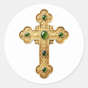 Gold Cross on Any Colour Green Stones Classic Round Sticker