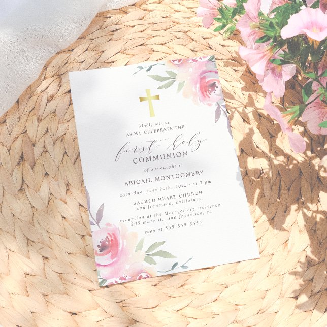 Gold Cross & Painted Flowers First Holy Communion Invitation (Creator Uploaded)