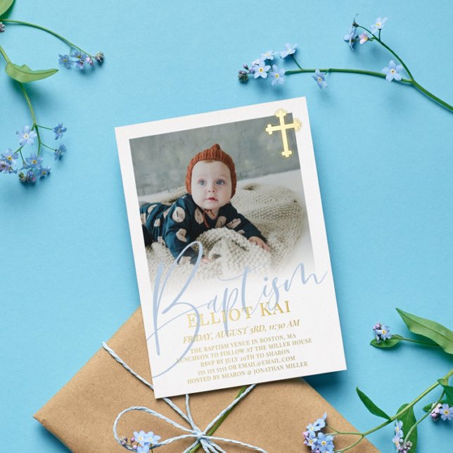 Gold Cross Pale Blue Script Photo Baptism (Creator Uploaded)