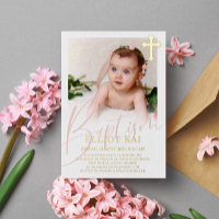 Gold Cross Pale Pink Script Photo Baptism Foil