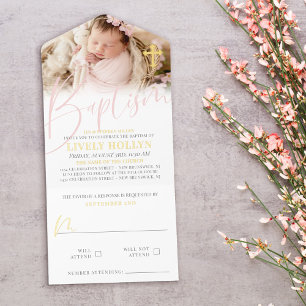 Gold Cross Pale Pink Script Photo Baptism Foil All In One Invitation