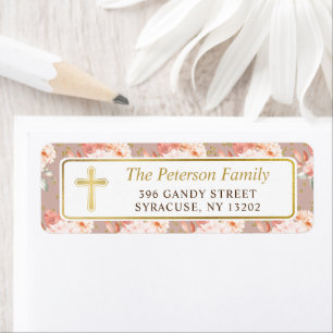 Gold Cross Pastel Coral Floral Return Address