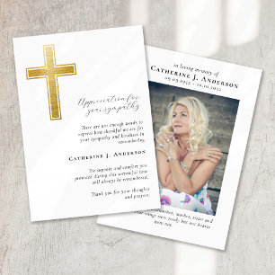 Gold Cross Photo Sympathy Funeral Memorial Thank You Card