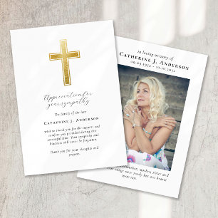 Gold Cross Photo Sympathy Funeral Memorial Thank You Card