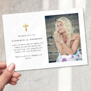 Gold Cross Photo Sympathy Funeral Memorial Thank You Card
