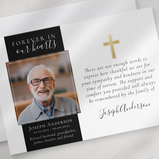 Gold Cross Photo Sympathy Funeral Thank You Card (Creator Uploaded)