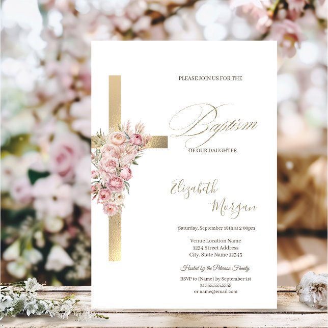  Gold Cross Pink Flowers Baptism Glitter Confetti Invitation (Creator Uploaded)