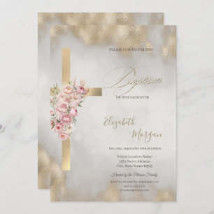  Gold Cross Pink Flowers Baptism Glitter Gold Invitation