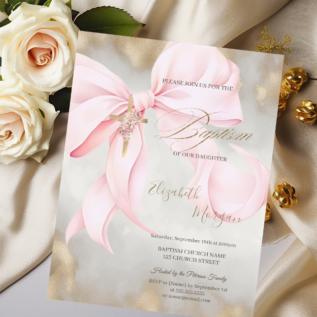  Gold Cross Pink Flowers Bow Baptism Glitter Gold Invitation (Creator Uploaded)