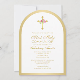 Gold Cross Pink Roses Floral Arch First Communion  Invitation