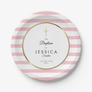 Gold Cross Pink Stripe Baptism Christening Paper Plate