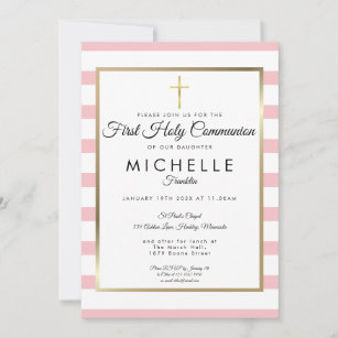 Gold Cross Pink Stripe First Holy Communion Invitation