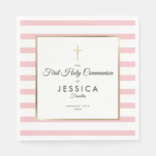 Gold Cross Pink Stripe First Holy Communion Napkin