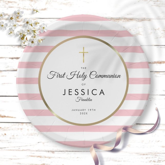 Gold Cross Pink Stripe First Holy Communion Paper Plate (Creator Uploaded)