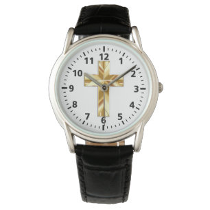 Gold Cross Protector Black Leather Watch (Mens)