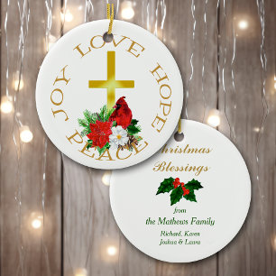 Gold Cross Red Cardinal Bouquet Ceramic Tree Decoration