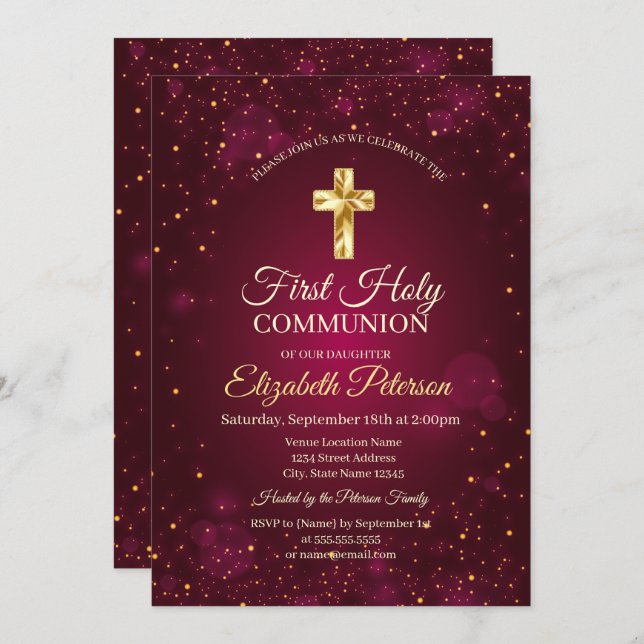 Gold Cross Red Confetti First Holy Communion Invitation (Front/Back)