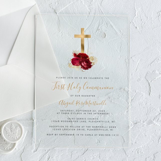 Gold Cross Red Floral First Communion Acrylic Invitations (Creator Uploaded)