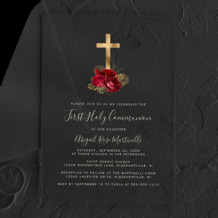 Gold Cross Red Floral Gold Text First Communion Acrylic Invitations