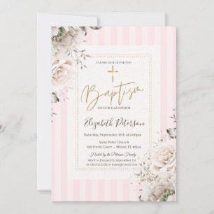 Gold Cross Roses Pink Striped Baptism Invitation
