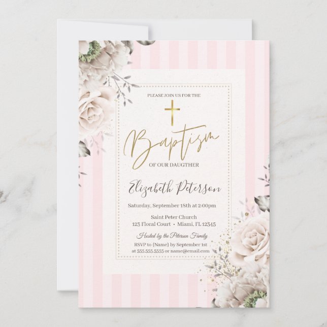 Gold Cross Roses Pink Striped Baptism Invitation (Front)