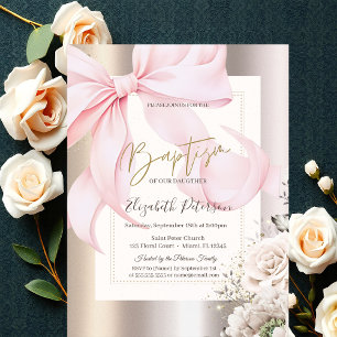 Gold Cross Roses Rose Pink Bow Gold Baptism Invitation