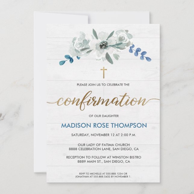 Gold cross Rustic floral watercolor confirmation  (Front)