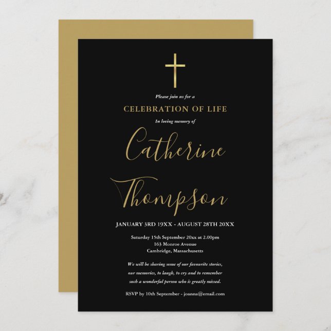 Gold Cross Script Funeral Celebration of Life Invitation (Front/Back)
