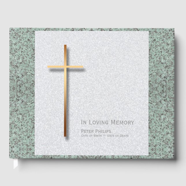 Gold Cross Stone 1 personalised Funeral Memorial B Guest Book (Front)