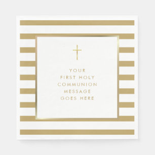 Gold Cross Stripe First Holy Communion Message Napkin