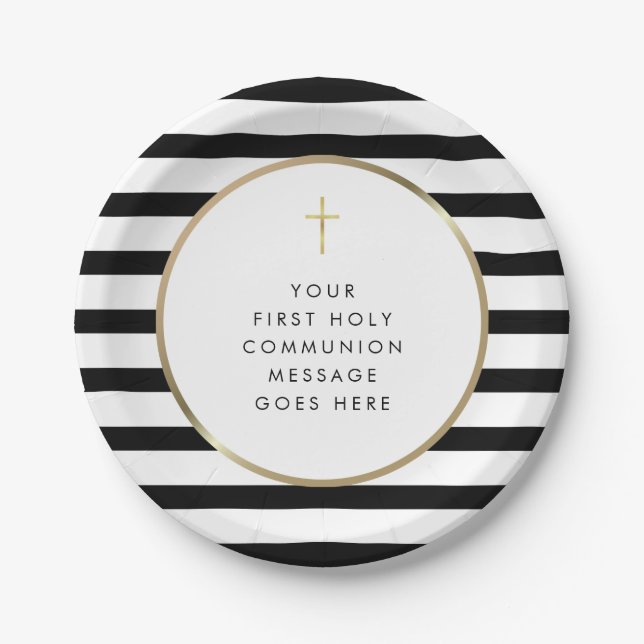 Gold Cross Stripe First Holy Communion Message Paper Plate (Front)