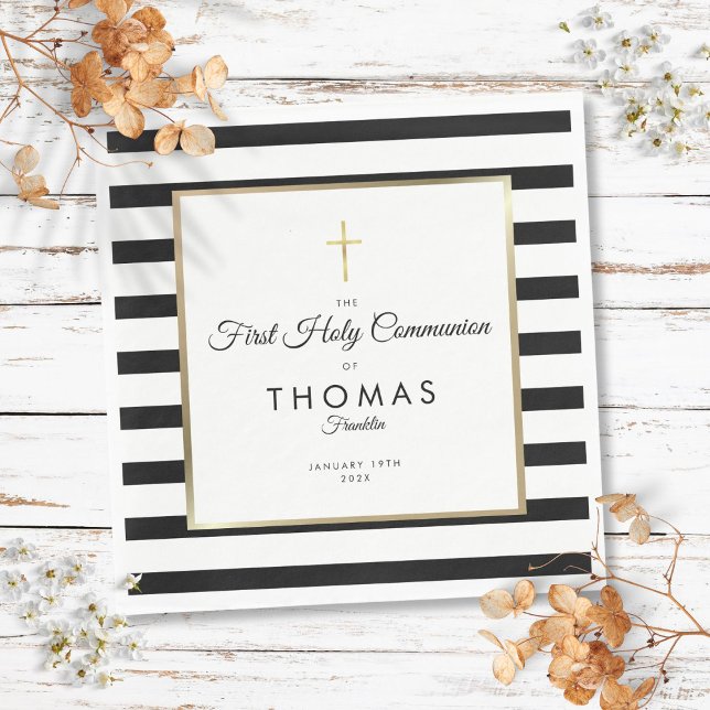 Gold Cross Stripe First Holy Communion Napkin (Gold Cross Stripe First Holy Communion Napkins)