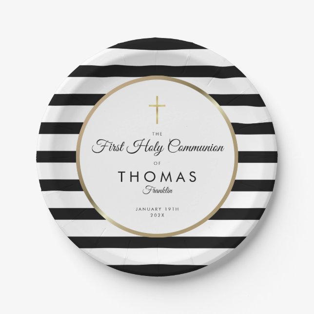 Gold Cross Stripe First Holy Communion Paper Plate (Front)