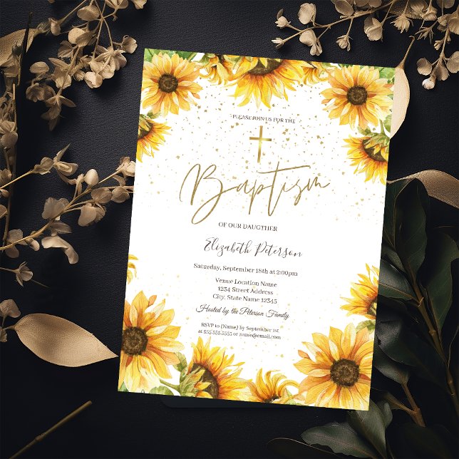 Gold Cross Sunflowers Baptism  Invitation (Creator Uploaded)