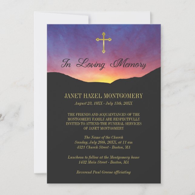Gold Cross & Sunrise - Funeral Service Invitation (Front)