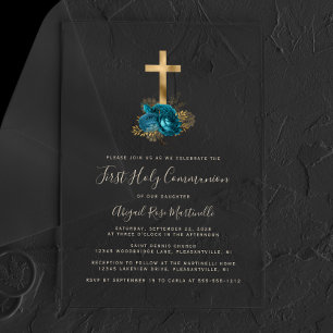 Gold Cross Text Turquoise Floral First Communion Acrylic Invitations