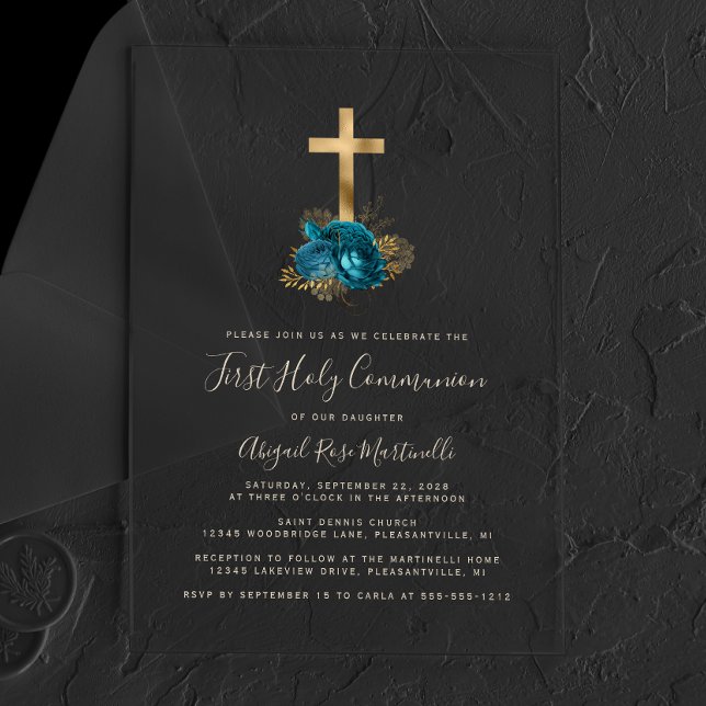 Gold Cross Text Turquoise Floral First Communion Acrylic Invitations (Creator Uploaded)