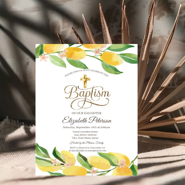 Gold Cross Watercolor Citrus Lemons Botanical Invitation (Creator Uploaded)