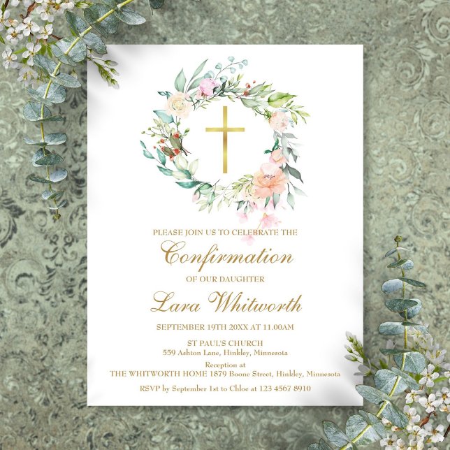 Gold Cross Watercolor Floral Confirmation Invitation Postcard (Gold Cross Watercolor Floral Confirmation Invitation Postcard)