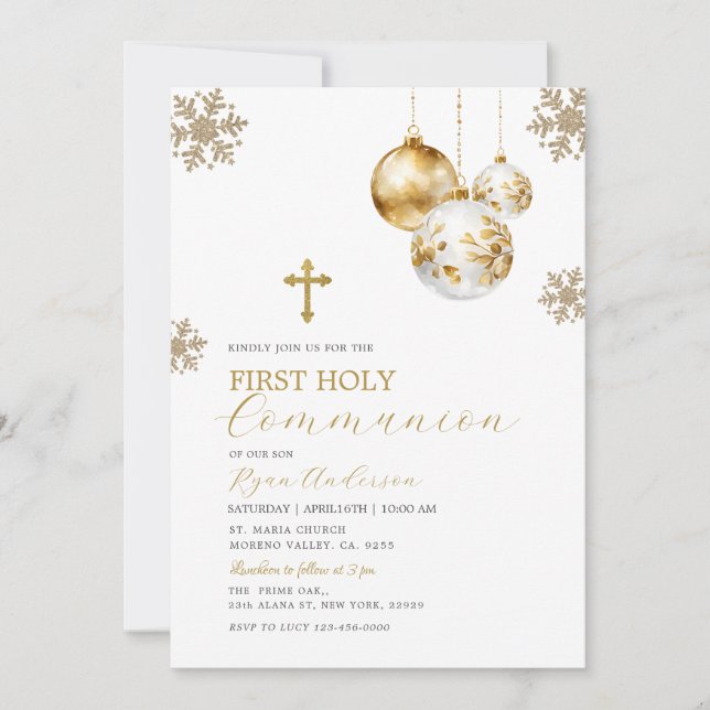 Gold Cross Winter Christmas First Holy Communion Invitation (Front)