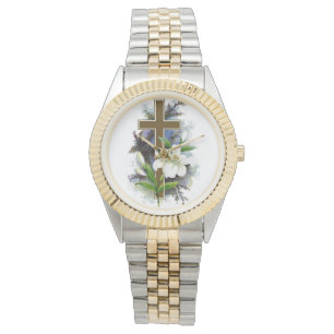 Gold Cross With White Flower Watch