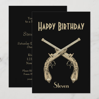 Gold Crossed Pistols Black Birthday Party  Invitation