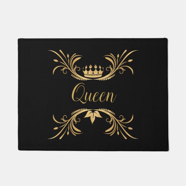 Gold Crown and Flouish Black Doormat (Front)