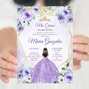 Gold Crown and Purple Flowers Quinceañera Invitation