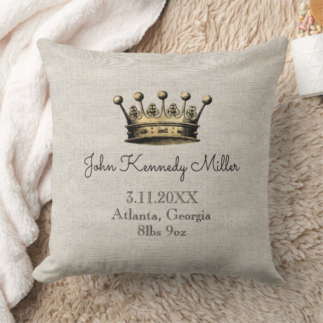 Gold Crown Beige Baby Birth Announcement Keepsake Cushion (Blanket)